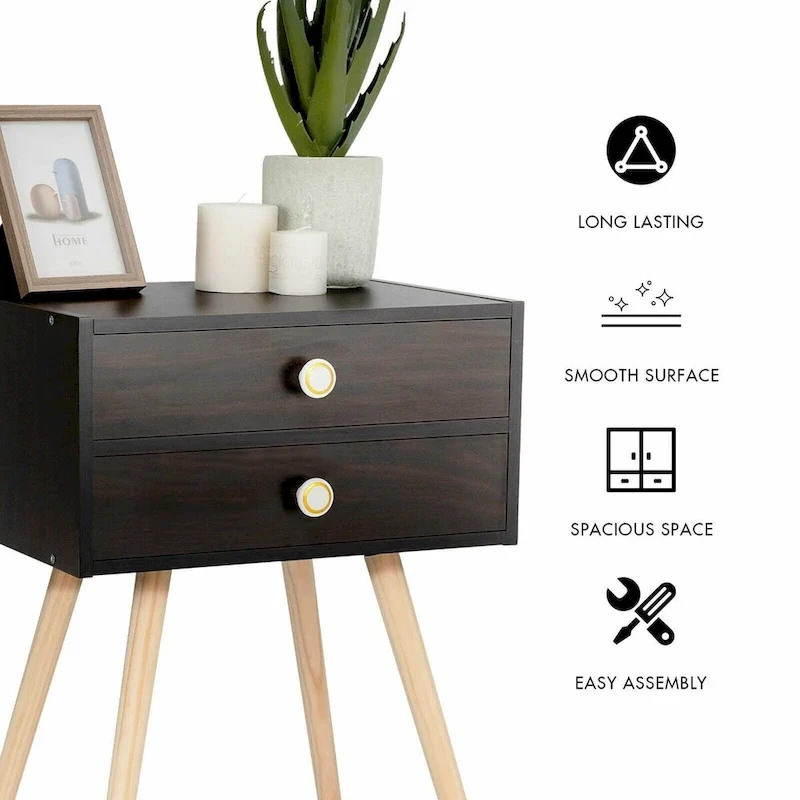 Mid Century Modern 2 Drawers Nightstand in Brown