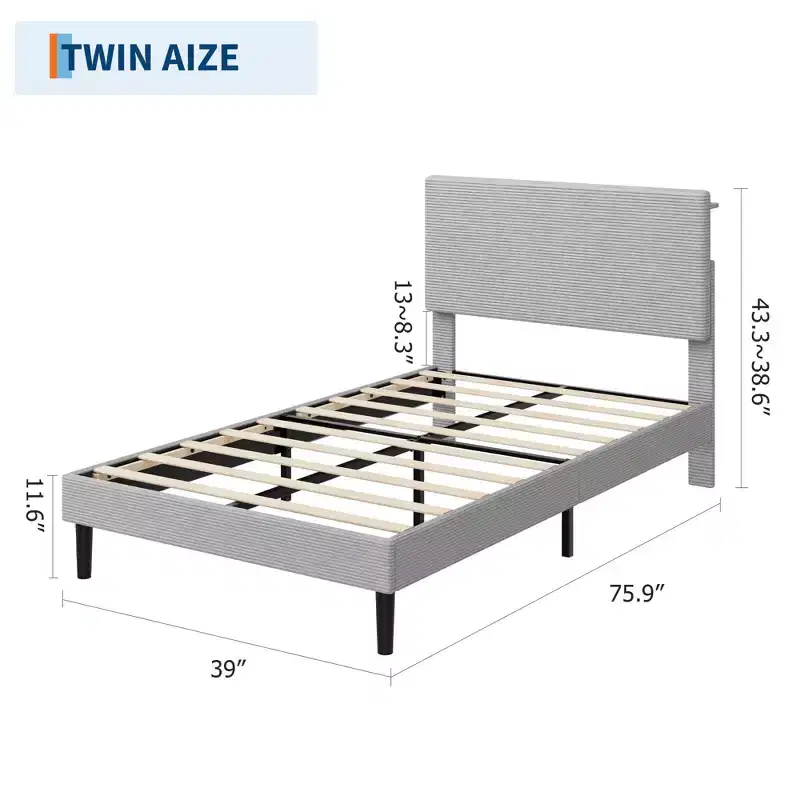 Twin Size Bed Frame with USB Charging Station, Corduroy Upholstered Platform Bed Frame with Adjustable Storage Headboard, Wooden Slats Support