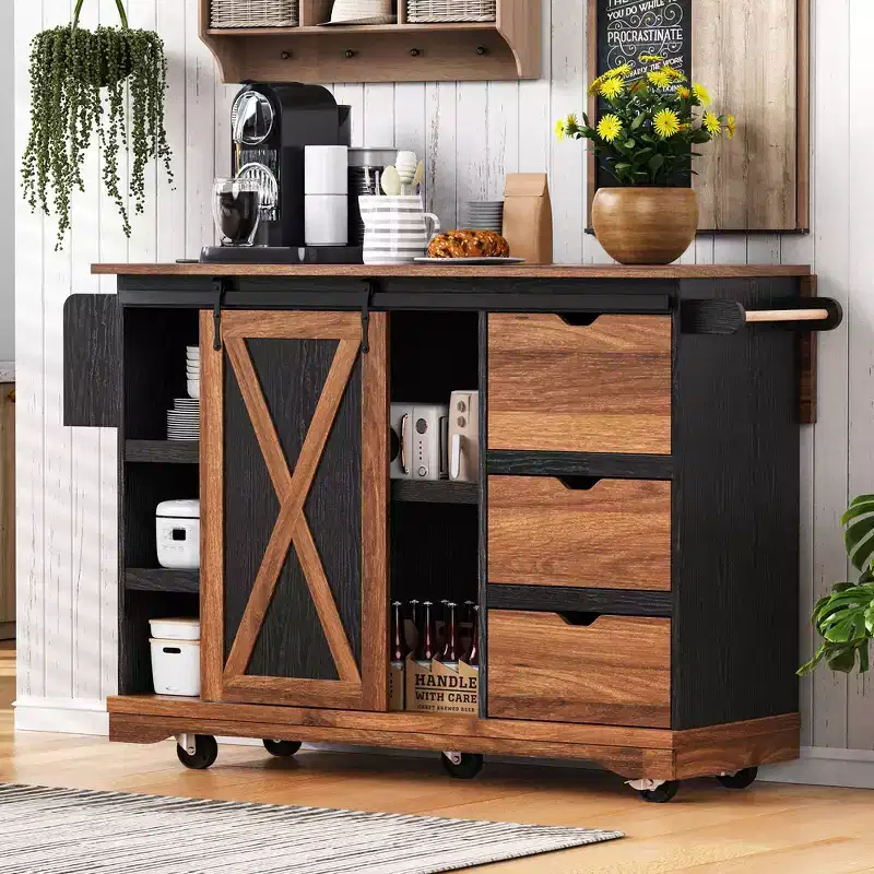 Whisen 55.5 Farmhouse Kitchen Island with Drop Leaf, Barn Door & Charging, Rolling Design