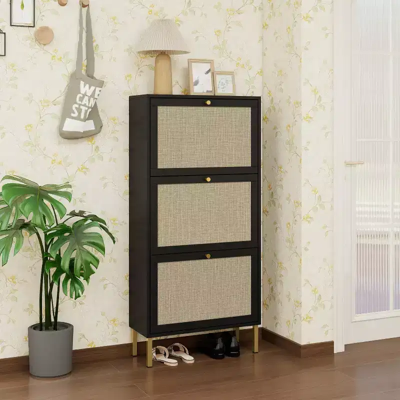 Rattan Shoe Cabinets with 3 Doors Freestanding Modern Shoe Storage Shoe Racl for Entryway Black