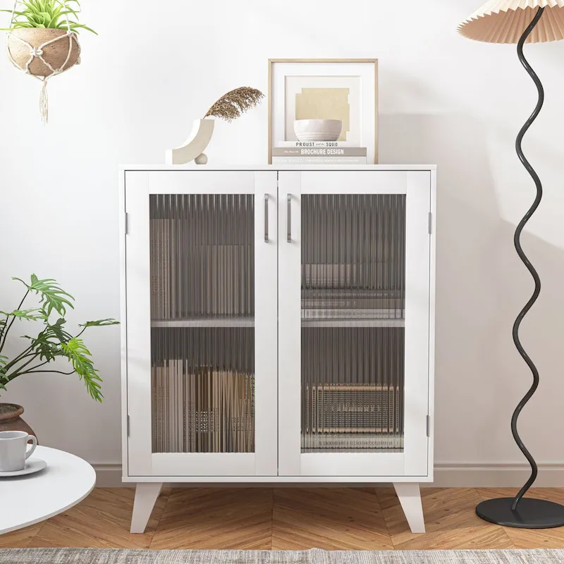 Modern Bathroom Cabinet Storage Organizer with 2 Glass Doors and Adjustable Shelf,White