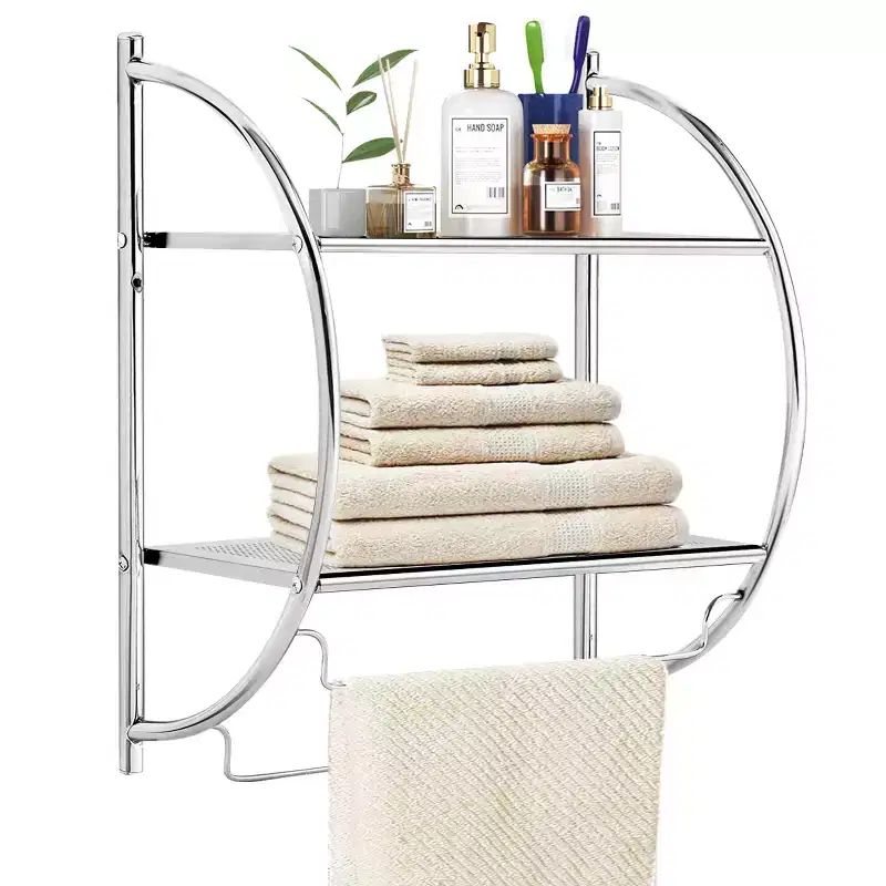 Wall Mounted Bathroom Shelf with 2 Tier Bathroom Towel Rack 2 Towel Bars for Hotel White/Sliver