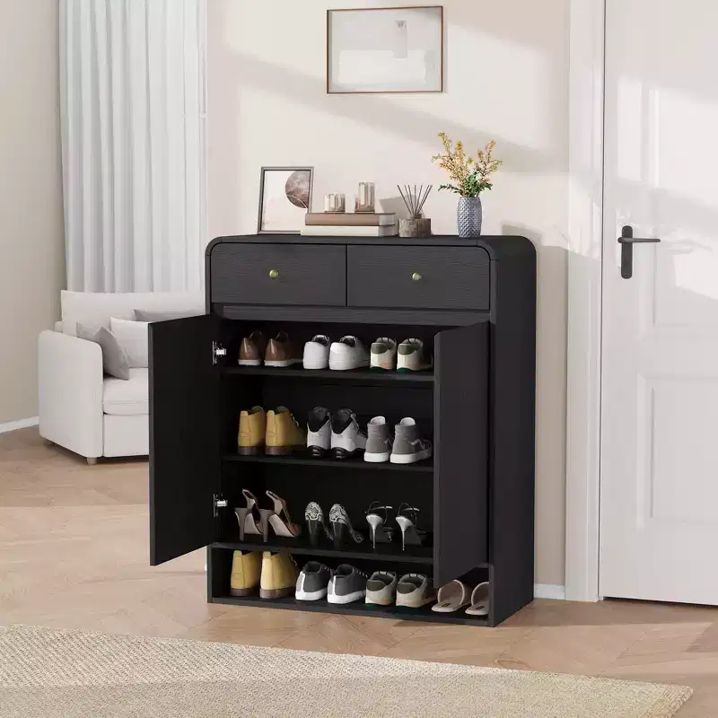 31.5 Inch Shoe Storage Cabinet with 2 Doors and 2 Drawers,Adjustable Shelves, Freestanding Wooden Organizer for Entryway,Hallway