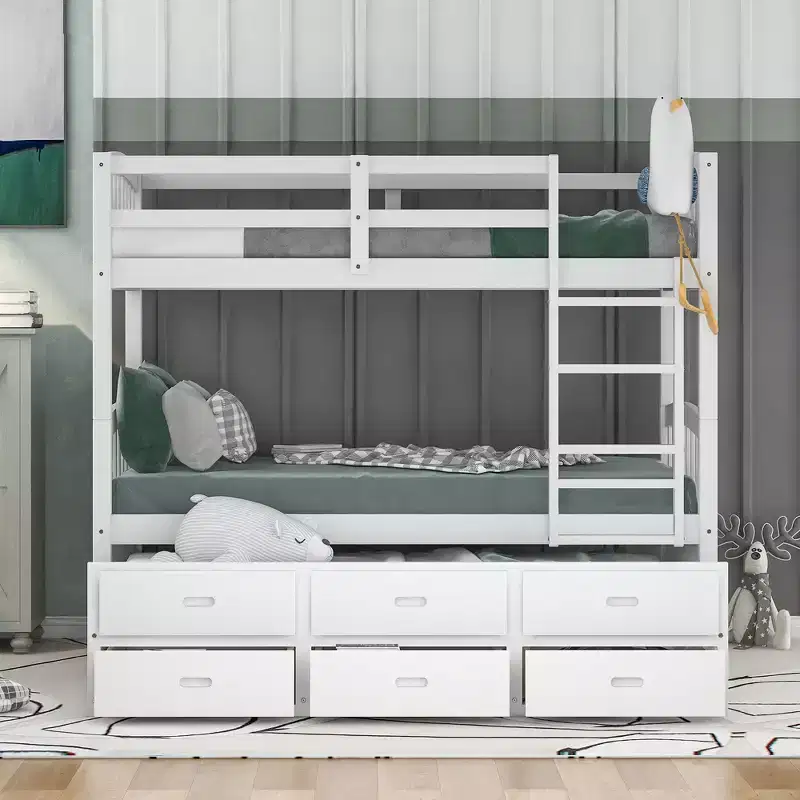 Wood Twin over Twin Bunk Bed with Ladder, Trundle & Drawers