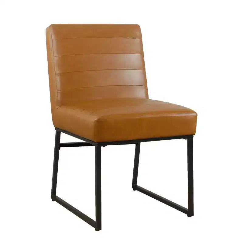 Channeled Faux Leather Dining Chair with Metal Legs, Caramel