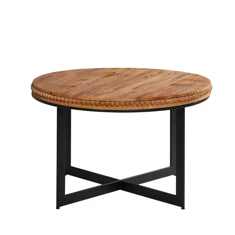 Industrial Round Wood and Metal Coffee Table, Brown