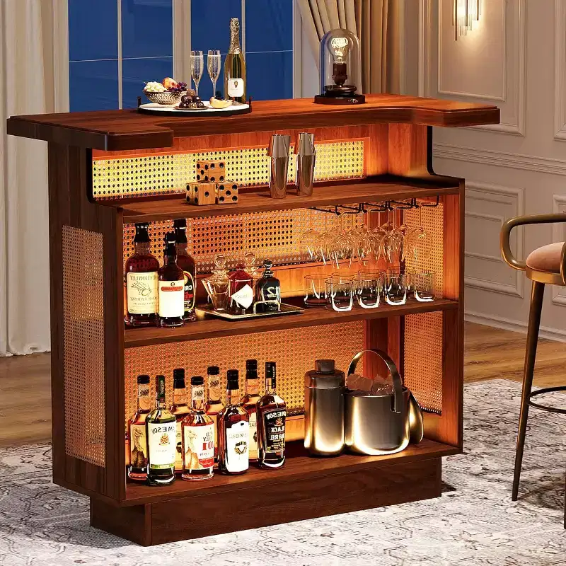 Rattan Home Bar Unit, Farmhouse 4-Tier Bar Table with 4 Stemware Racks , Caramel Brown