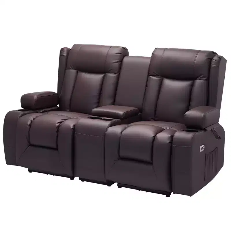 VEVOR Loveseat Recliner Sofa, Power Reclining Couch with Heating & Massage and Timer, PU Leather Electric Recliner Sofa with Center Console, Brown