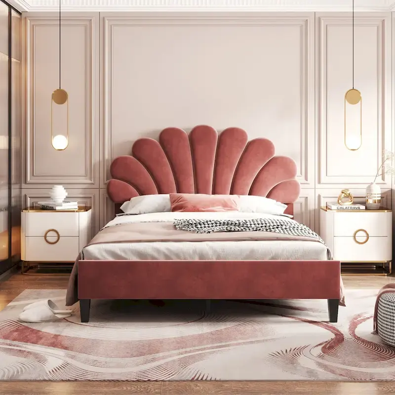 Tufted Shell-shape Velvet Upholstered Platform Bed