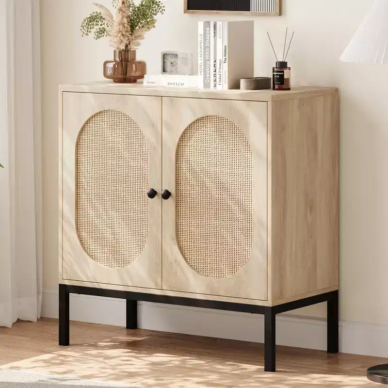 Rattan Buffet Cabinet, Natural Storage Cabinet with Adjustable Shelves, Small Sideboard Table for Dining Room, Kitchen, Living Room, Hallway