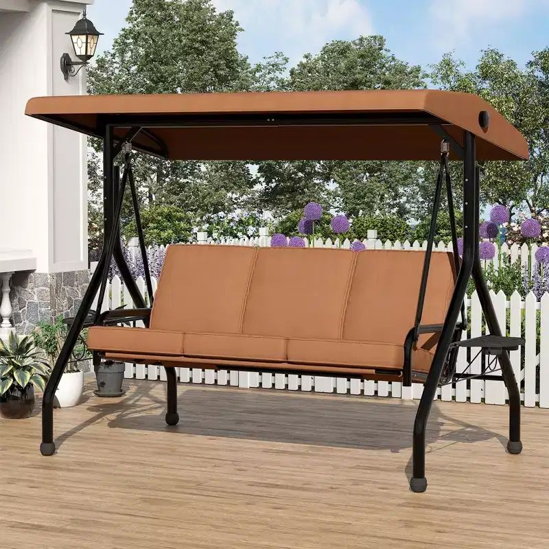 3 Seat Outdoor Porch Swing, 2-in-1 Patio Swing Chair, Thickened Removable Cushions, Adjustable Canopy, Weather Resistant Steel Frame