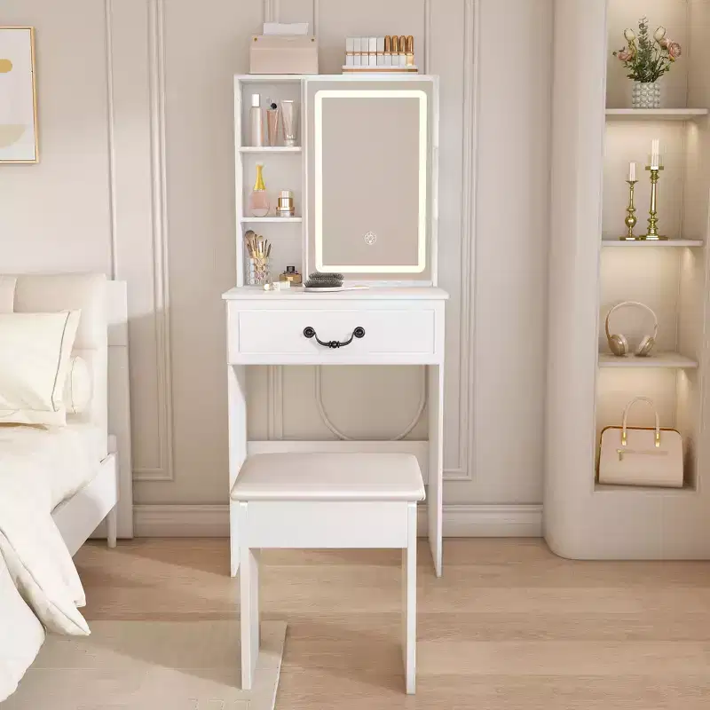 Modern Mirror Vanity Table with LED Lights, 1 Drawer, Shelves and 1 Padded Stool