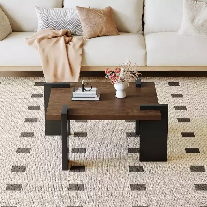 Walnut-colored MDF coffee table, suitable for modern minimalist living rooms and leisure areas, with product dimensions of 31.5*31.5*16.6inches.