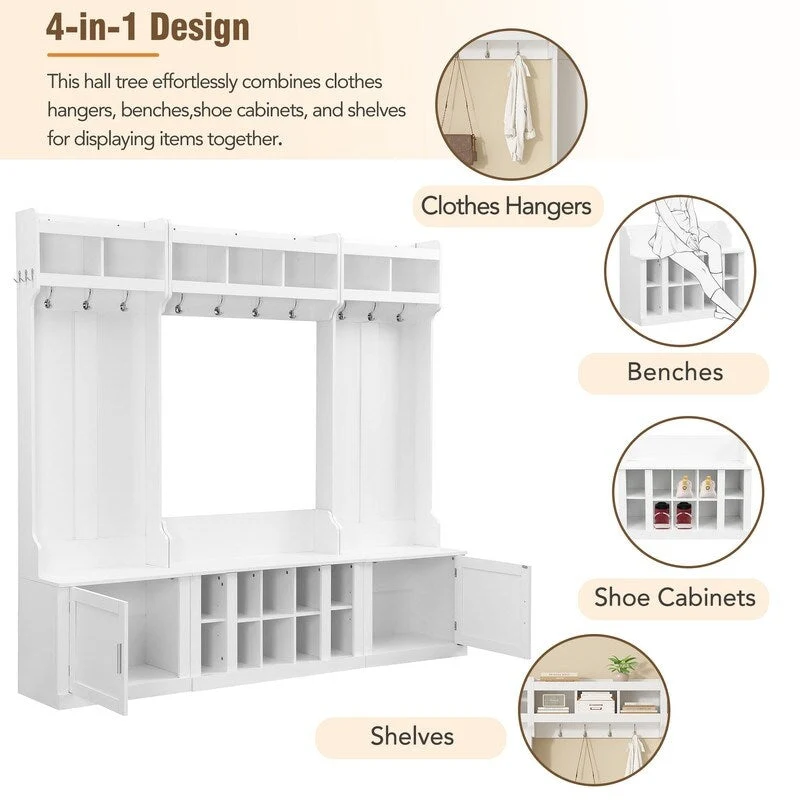 4-IN-1 Multi-functional Hall Tree Entryway Bench with Coat Rack and Shoe Cubbies