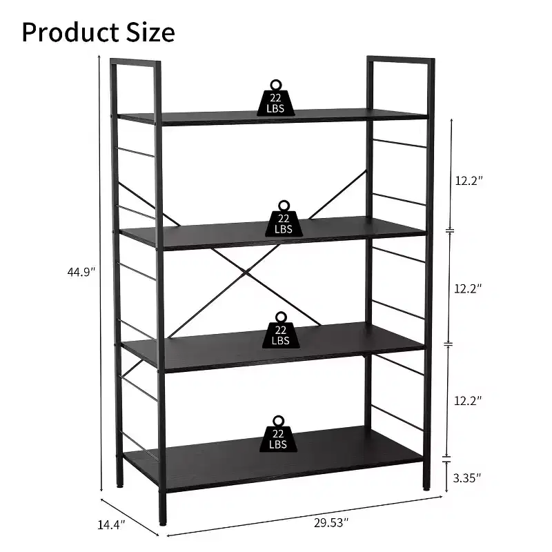 Large Bookcase with Steel Frame,4-Tier Tall Bookshelf, 29.53 x 14.4 x 44.9 Inches, Industrial Style,Book Shelf for Living Room, Home Office, Study