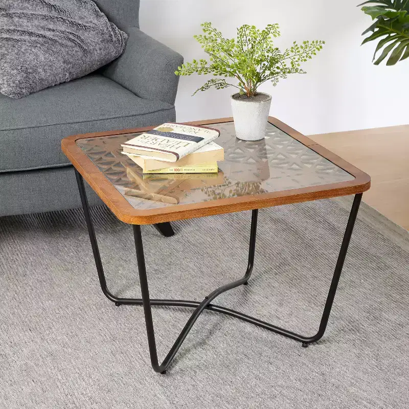 23-inch Modern Square Coffee Table Tempered glass tabletop with geometric cutout pattern Suitable for living rooms Black-brown