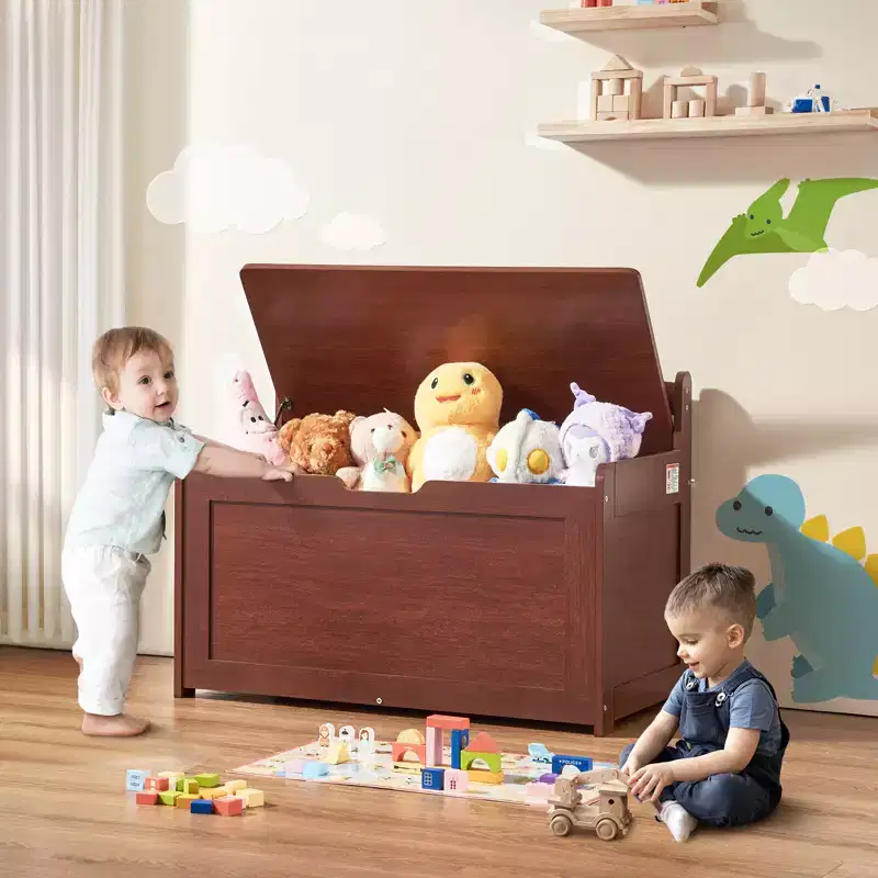 Wooden Toy Chest for Kids, Toddler Toy Storage Box with Flip-Top Lid and Safety Hinge, 32.68 x 17.91 x 24.02 Large Kids Storage Bench, Cherry