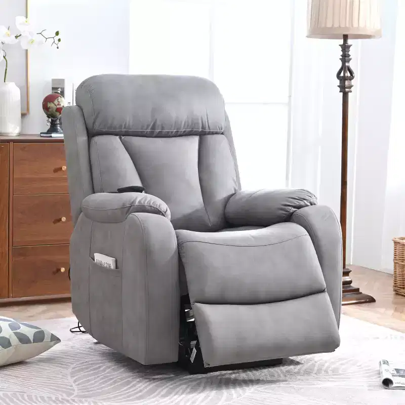 Large Power Lift Recliner Chair, Grey Faux Leather Motorized Massage Recliner with Pillow & Side Pockets, for Elderly, Living Room