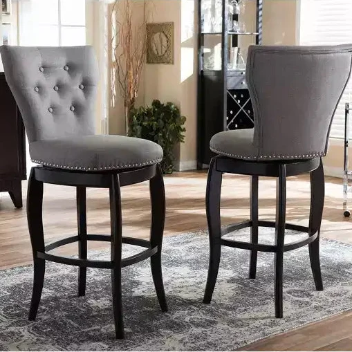 29" Fabric Upholstered Button Tufted Swivel Barstool Gray: Rubberwood Frame, Polyester Upholstery