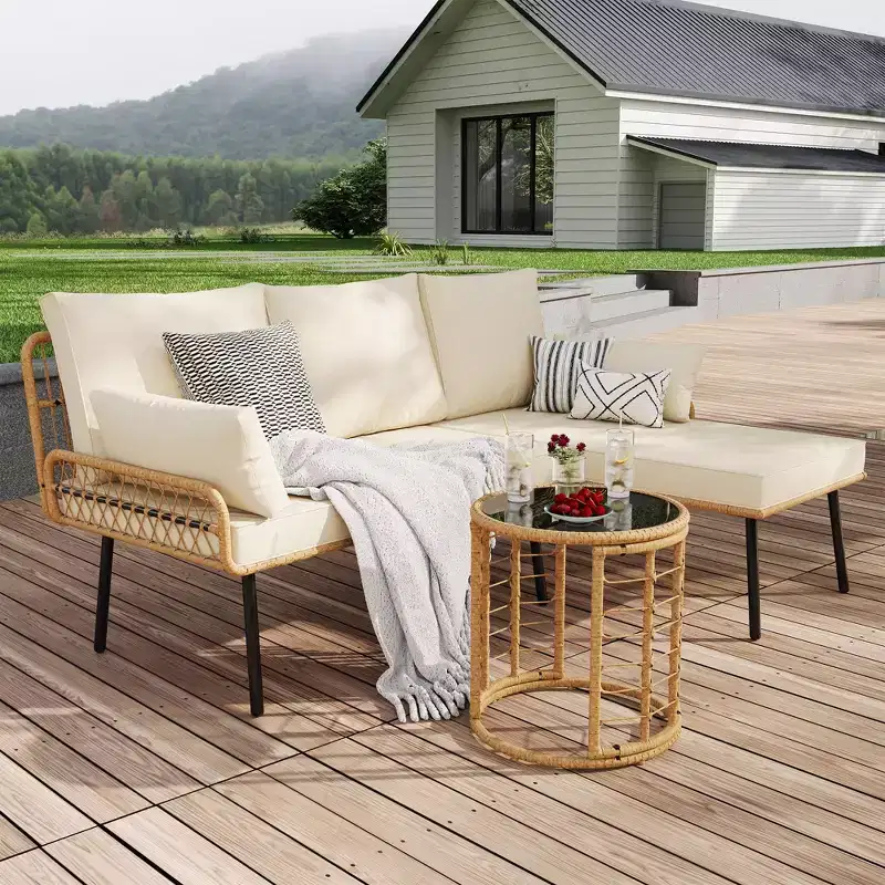 Modern 3-Piece Outdoor Sectional Couch, Wicker Patio Conversation Set with Washable Cushions, Detachable Lounger, and Round Coffee Table, Beige