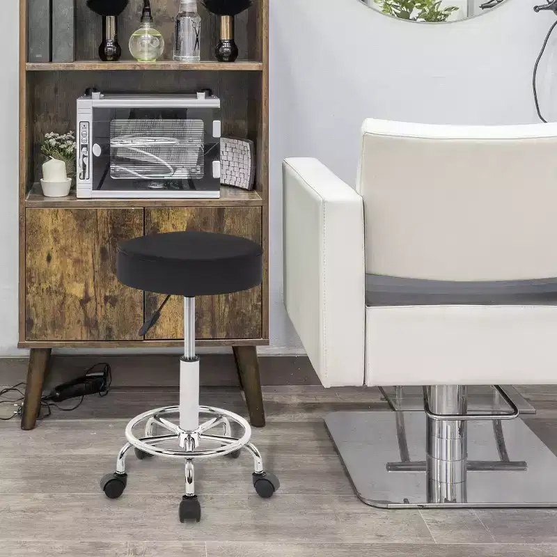Round Rolling Stool Salon Stool with Foot Rest PU Leather Cushion, Black