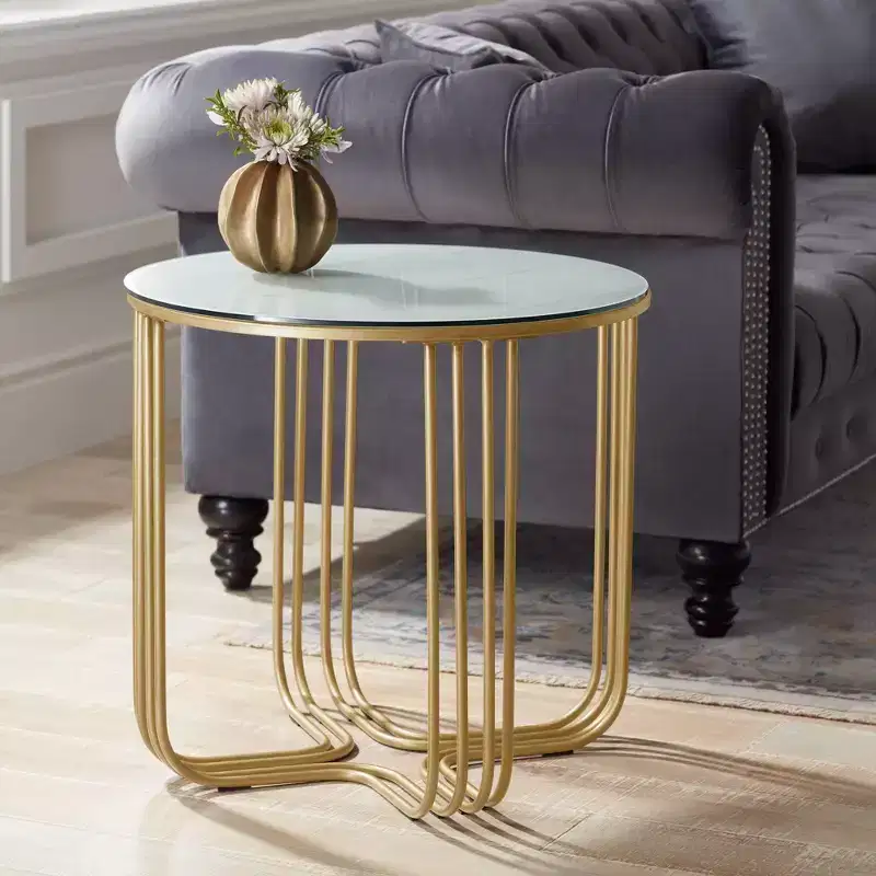 Studio 55D Yuri Modern Bronze Metal Round Accent Side End Table 24 Wide Gold Marbleized Glass Tabletop for Living Room Bedroom Bedside Entryway House