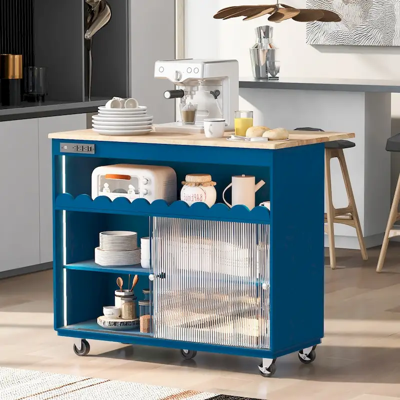44 in. W Kitchen Island Rubberwood Drop-Leaf Countertop on 5 Wheels with Open Shelf and Wine Rack - 44