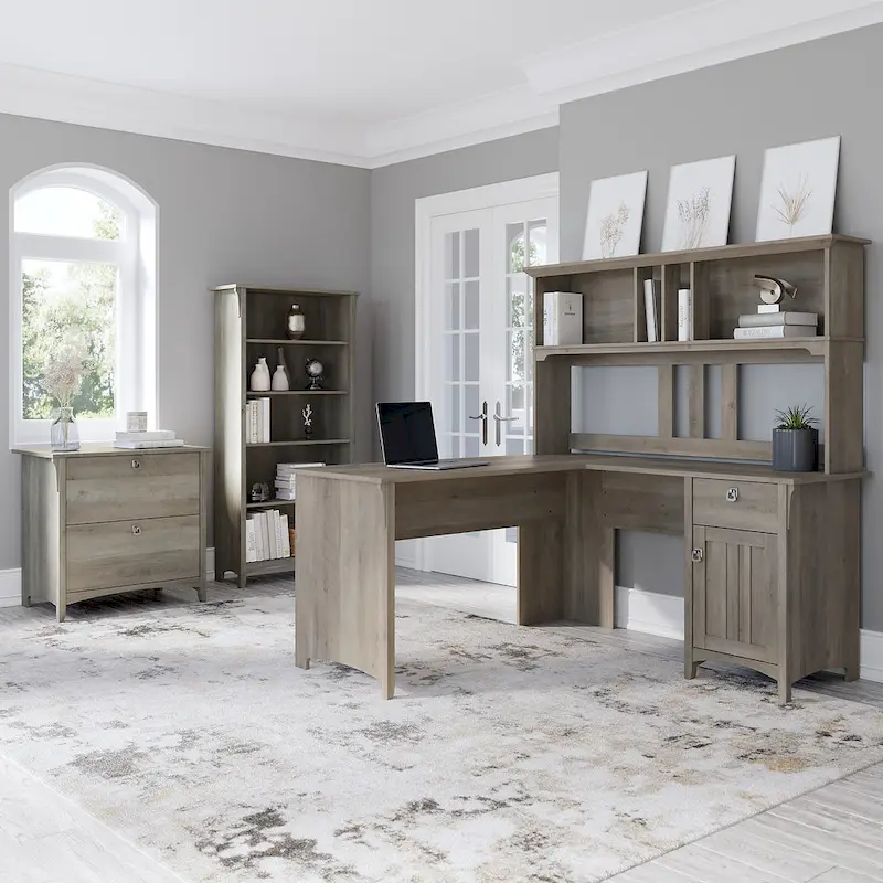 Salinas 60W L Desk with Hutch, Cabinet and Bookcase by Bush Furniture