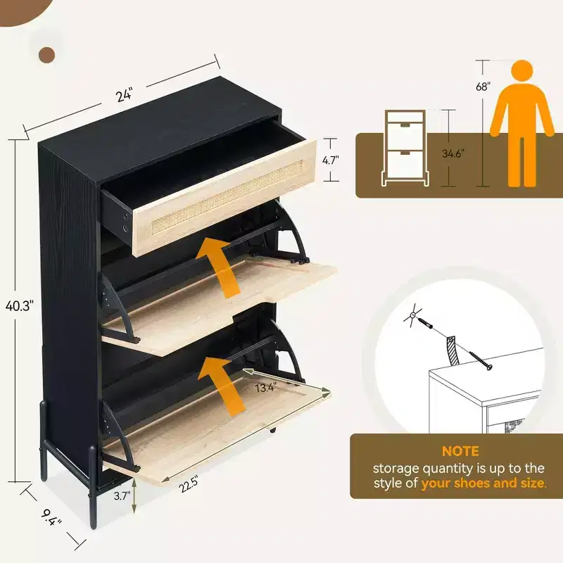 Flip Drawer Shoe Storage Cabinet with Rattan Front and Metal Legs