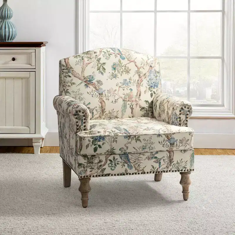 Transitional Wooden Upholstered Floral Pattern Design Armchair with Panel Arms and Camelback