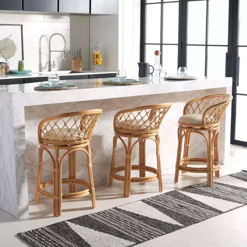 Rattan Swivel Counter Stool with Cushion, Mango Wood Frame, Fixed Height 23.6
