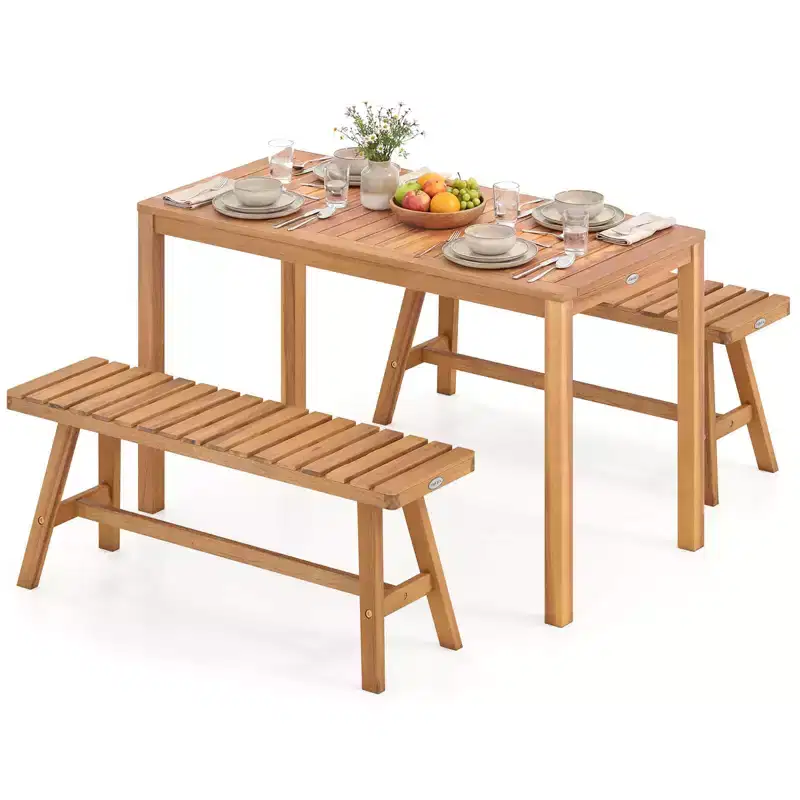 Costway 3 PCS Acacia Wood Patio Dining Set with Slatted Seats for Deck, Lawn and Backyard