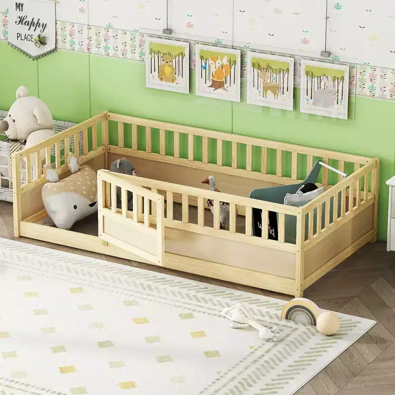 Okak Twin Floor Bed Frame with Extra-Tall Safety Rails, Bed Frame with Convenient Entry Door, Wood Bed Frame for Bedroom, Natural Wood