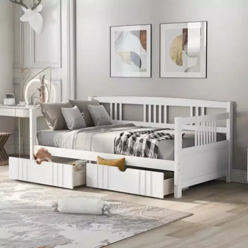 Espresso/Gray/White Full Size Wood Daybed with 2 Drawers, Sofa Bed for 1-2 People