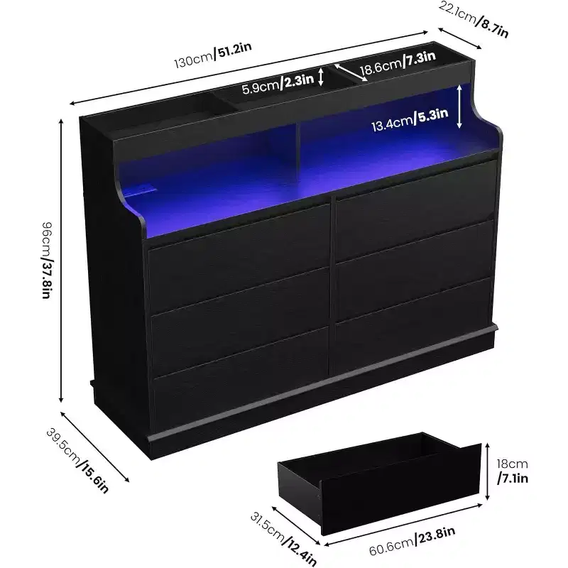 Acekool 6 Drawer Dresser with Power Station, Modern Wide Chest with Storage Shelf, Bedroom Organizer for Living Room, Hallway