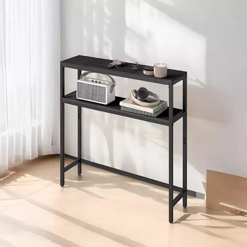 LEDREM Modern 2-Tier Console Table, Narrow Sofa Table with Dual Shelves, Entryway Table, Sturdy Steel Frame, Ink Black