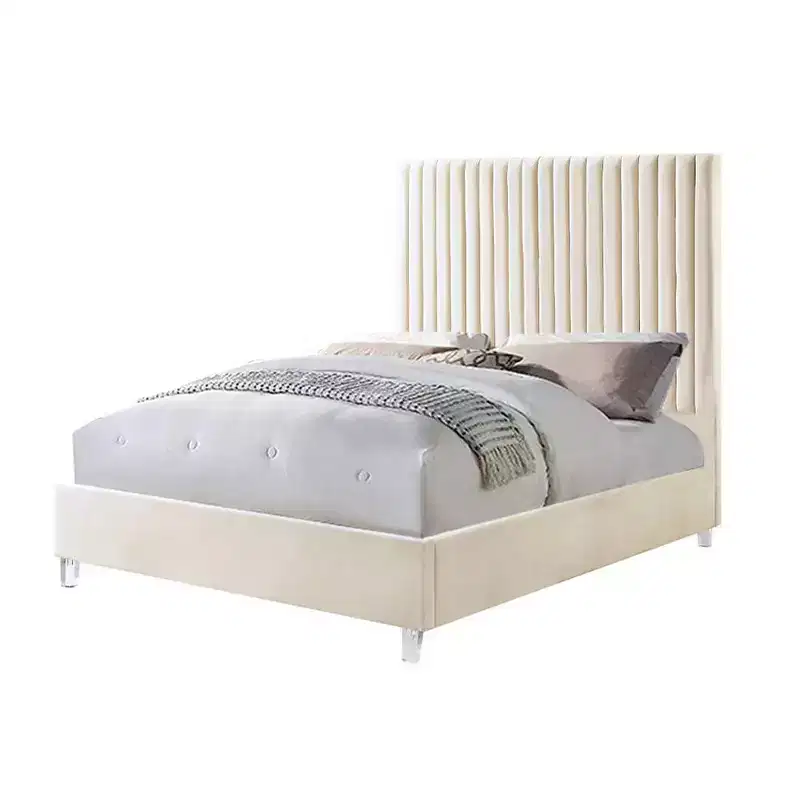Acme Furniture 86 Queen Bed Edzia Bed Beige Velvet: Luxurious Upholstered Panel, Wood Frame, Acrylic Textile