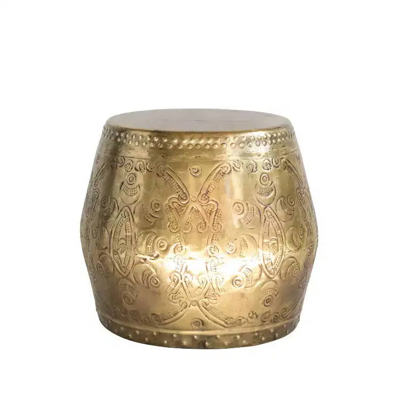 Storied Home Debossed Metal Drum Side Accent Table Brass Finish: No Assembly, Iron Frame & Top, Round Shape