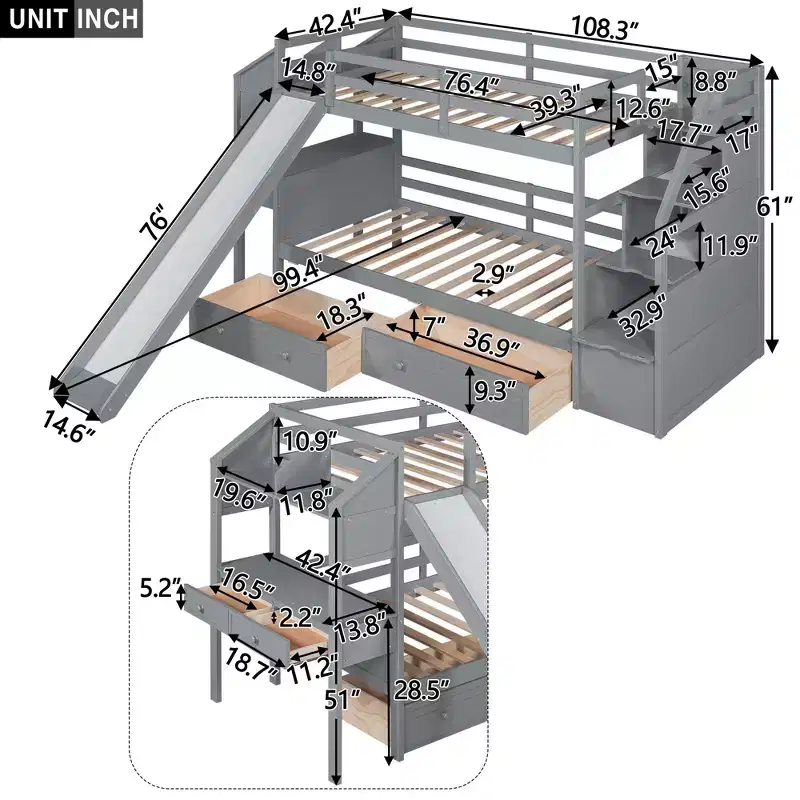 Bellemave Twin over Twin Bunk Bed with Storage Staircase, Slide and Drawers, Desk with Drawers and Shelves, Gray
