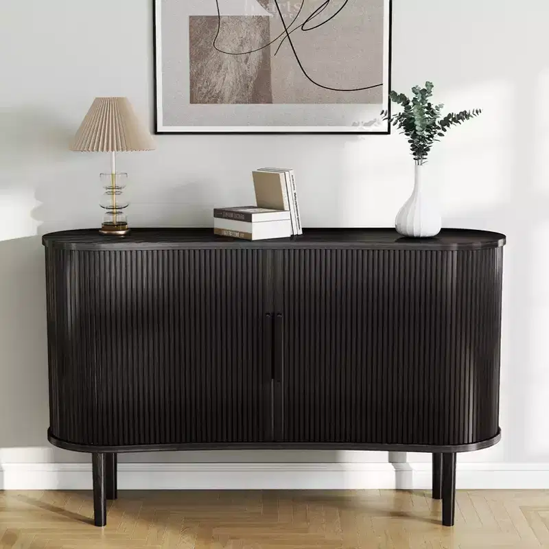 AEELLEEA Storage Sideboard 1.4M Long Curved MDF Modern Buffet Cabinet with Doors for Kitchen Living Room Bedroom Black
