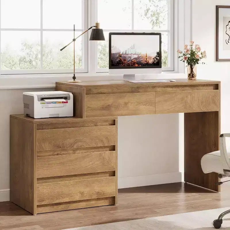 Computer Desk with 5 Drawers, Wood Executive Desk with File Cabinet and Printer Stand for Home Office, Small Spaces