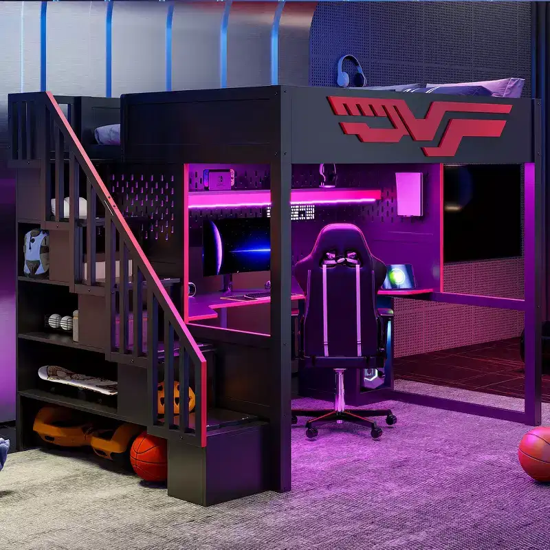 Whisen Full Size Gaming Loft Bed Frame with Desk and Storage Staircase - Red & Black
