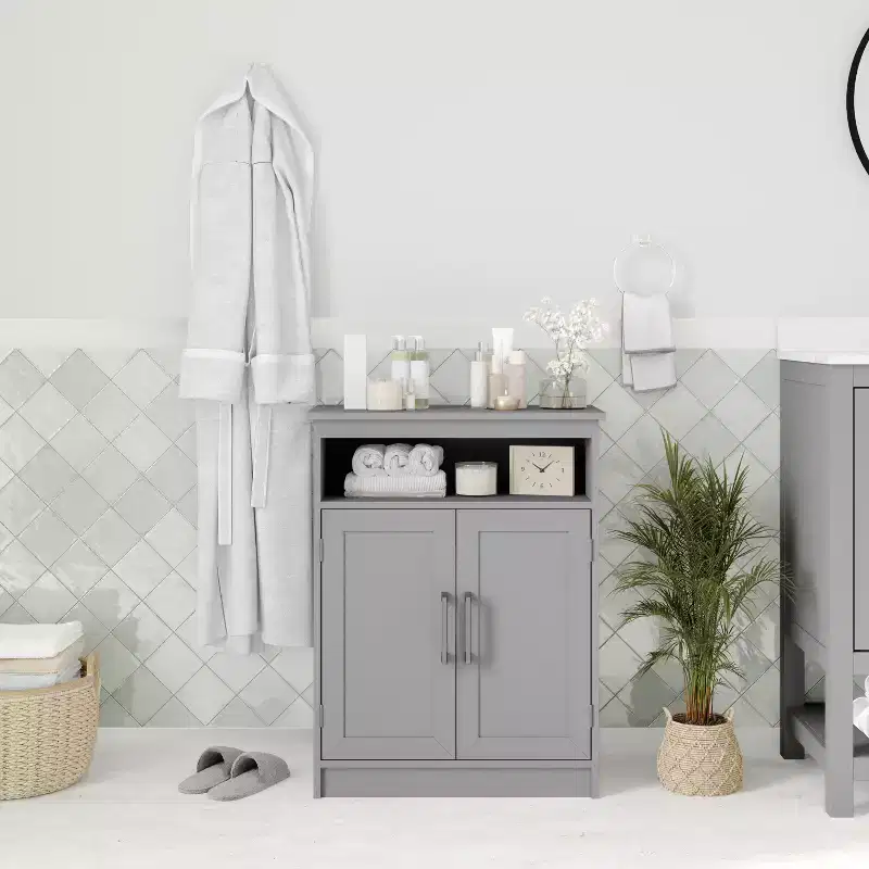 Bathroom Storage Cabinet with Adjustable Cabinet Shelf, Upper Open Shelf, and Magnetic Closure Doors