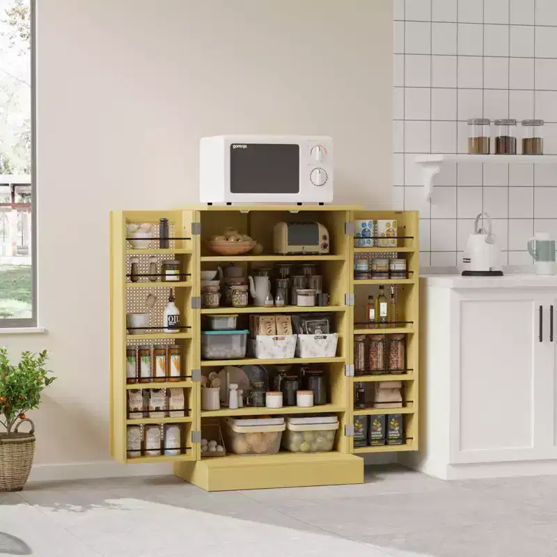 VINGLI Pantry Cabinet, Rattan Kitchen Storage Cabinet with 2 Doors and Adjustable Shelves, 40.5 H Food Storage Freestanding Cupboard in Dining Room