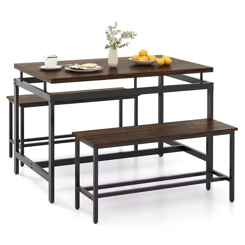 Costway 3 PCS Dining Table Set for 4 w/ 43 Wooden Kitchen Table 2 Benches Metal Frame