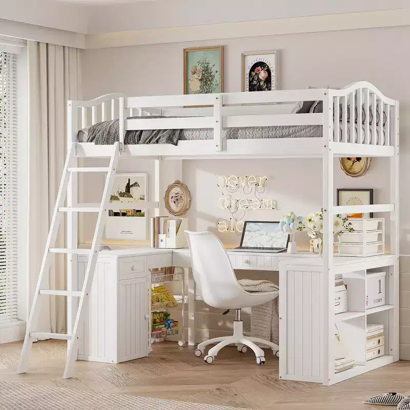 Twin size Wooden Loft Bed with Drawers, Cabinet, Shelves and Desk-ModernLuxe
