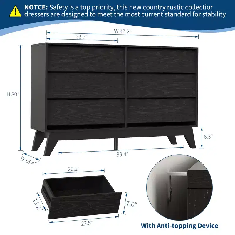 COZONY 6-Drawer Fluted Wooden Dresser  Modern Nightstand & Storage Chest for Bedroom & Living Room