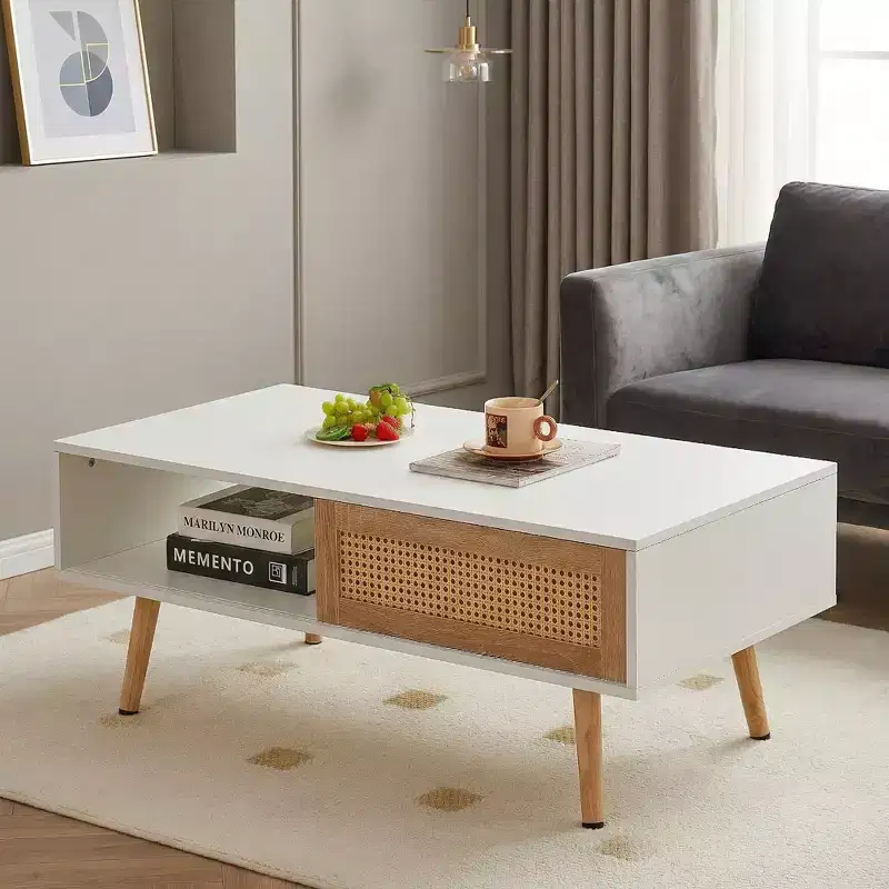 Rattan Coffee Table with Sliding Door Storage, Modern Center Table with Solid Wood Legs for Living Room, White