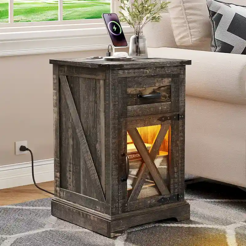 Moasis Set of 2 End Table with Drawer and Power Outlet, LED Light Side Table with Charging Station