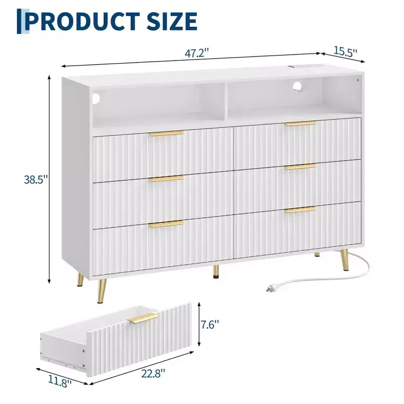 MDF 6-Drawer Dresser with LED Lights and Charging Station, 47.2